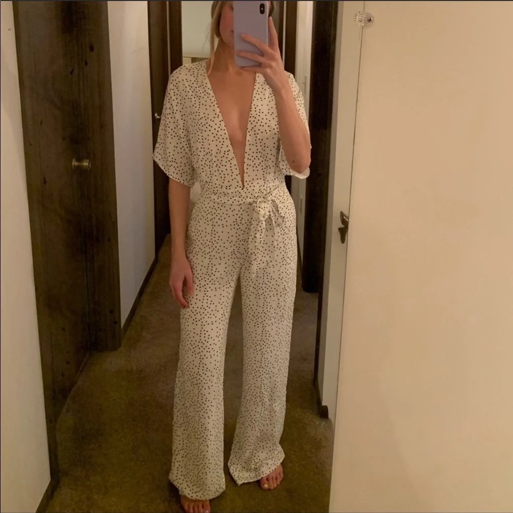 Lovers + Friends White Polka Dot V-Neck Jumpsuit - Picture 9 of 9